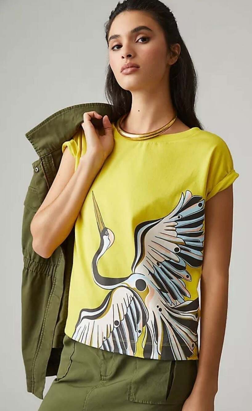 Parrott Paints Exclusively for Anthropologie Crane Bird Graphic Boxy Tee